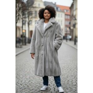 Vintage Gray Faux Fur Maxi Coat Long Plush Winter Statement Size XL